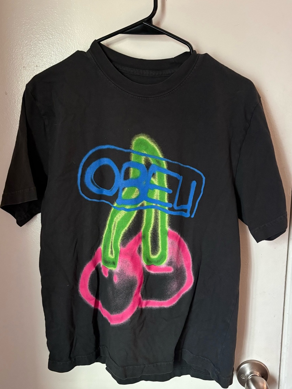 OBEY Mens Black Tee with Neon Pink & Green Cherry Graphic